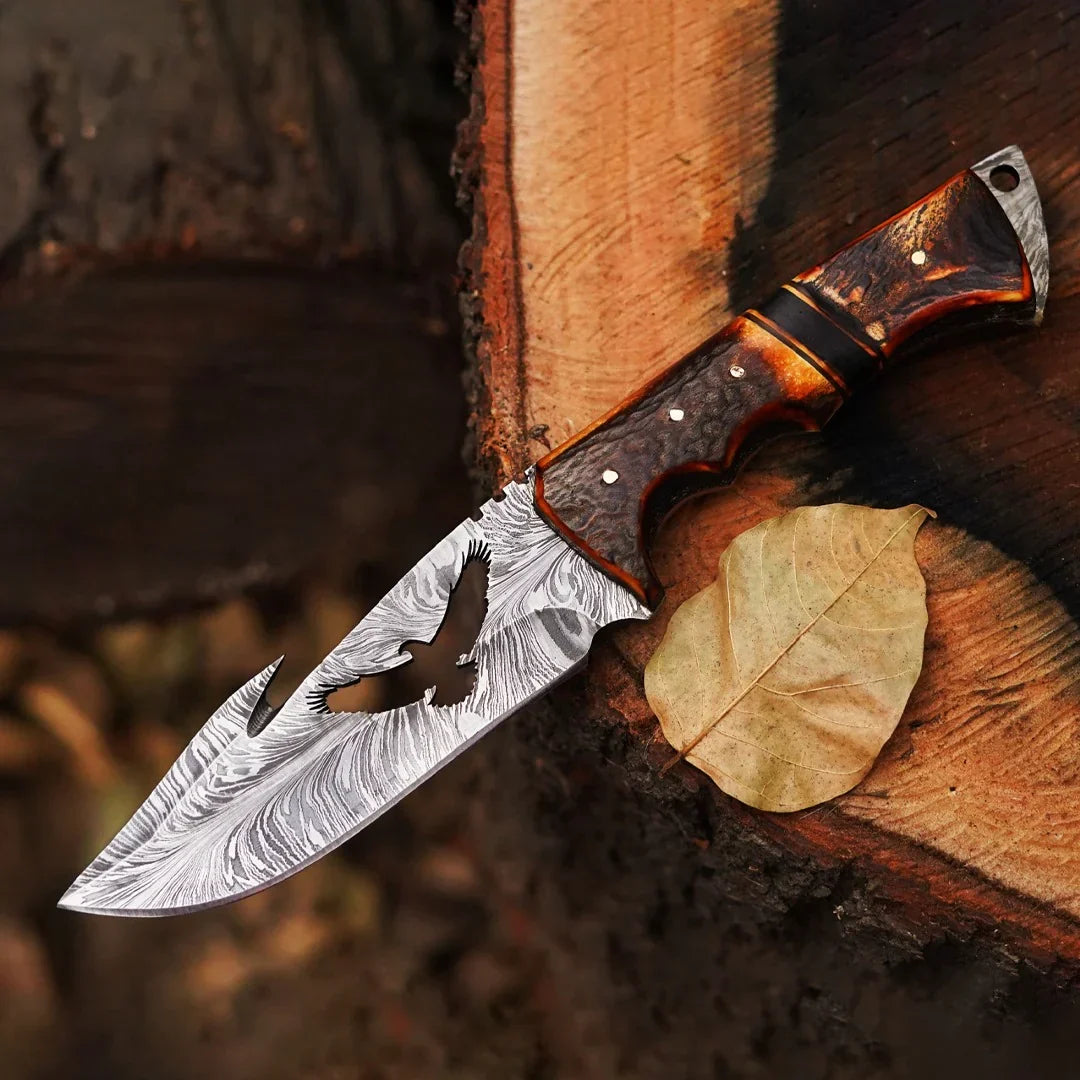 9.5' Damascus knife, Damascus Steel Blade ,Gut Hook Hunting knife , Damascus Skinner knife, Damascus steel knife, Camping knife With Burl Antler Handle