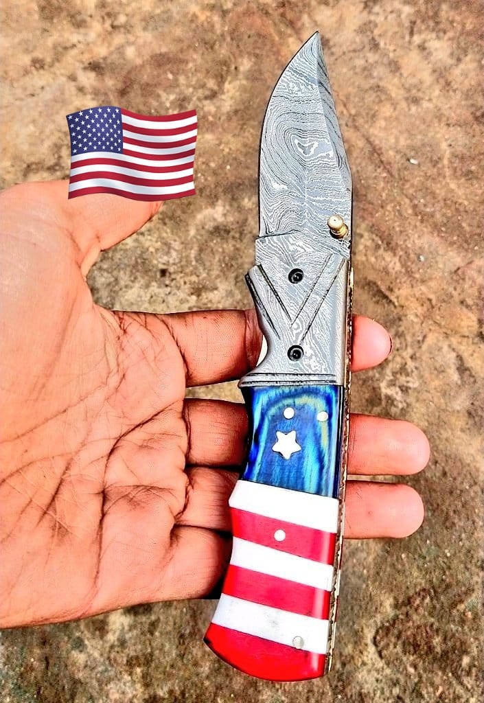Damascus Pocket Knife | American Flag Folding Knife | Exotic Wood, Camel Bone & Damascus Bolster | Leather Sheath