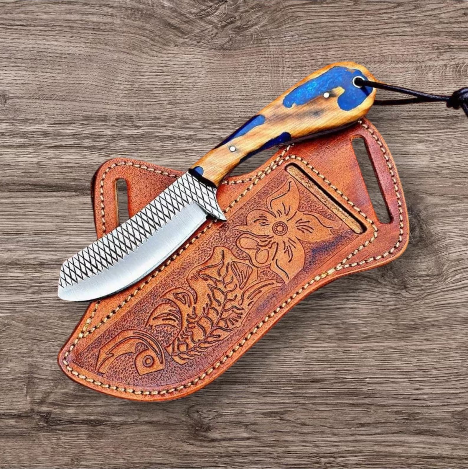 1095 Steel Hunting Knife | 8.5" | High Polish Blade | Olive Wood & Resin Handle | Leather Sheath