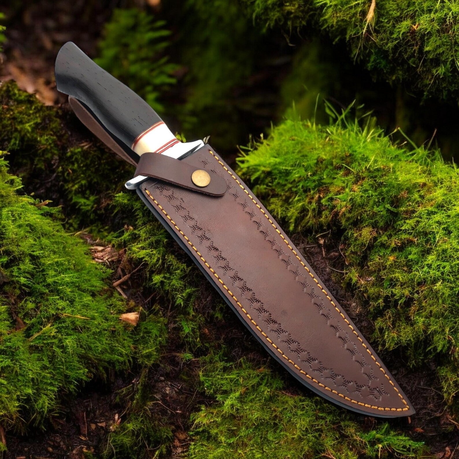 Damascus Bowie Knife | 17" | 352-Layer Damascus Steel | Wenge Wood & Camel Bone Handle | Leather Sheath