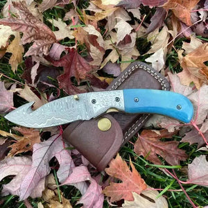 Damascus Folding Pocket Knife | Ladder Pattern | Camel Bone & Steel Bolster Handle | Liner Lock