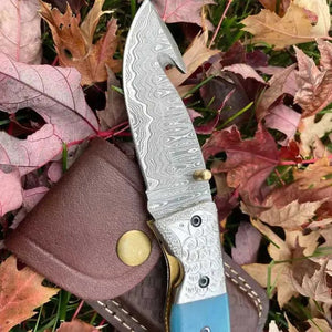 Damascus Folding Pocket Knife | Ladder Pattern | Camel Bone & Steel Bolster Handle | Liner Lock