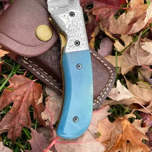 Damascus Folding Pocket Knife | Ladder Pattern | Camel Bone & Steel Bolster Handle | Liner Lock