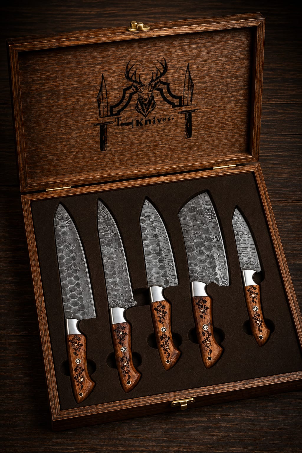 Handmade 5Pcs Kitchen Chef Knives Set for Custom order Wooden Box
