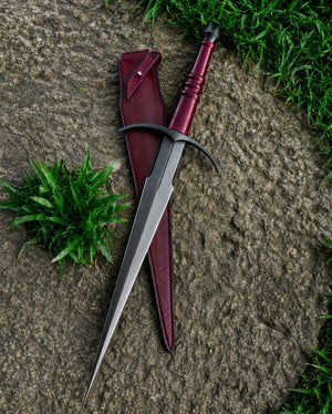 1095 Steel Dagger Sword | 32" | Engraved Blade | Leather Wrapped & Steel Guard Handle | Leather Sheath