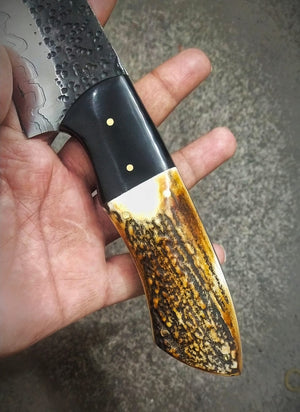 1095 Steel Bowie Knife | 12" | Camping & Hunting | Burl Antler & G10 Handle | Leather Sheath