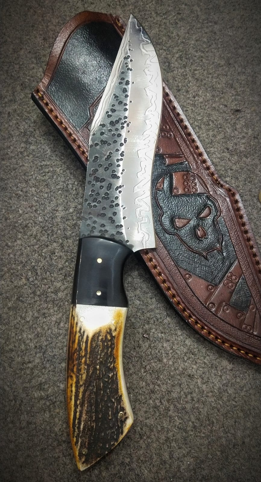 1095 Steel Bowie Knife | 12" | Camping & Hunting | Burl Antler & G10 Handle | Leather Sheath