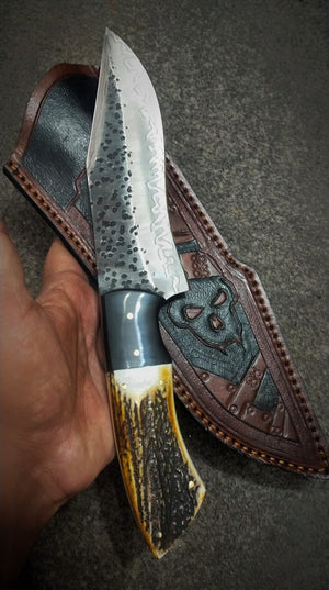 1095 Steel Bowie Knife | 12" | Camping & Hunting | Burl Antler & G10 Handle | Leather Sheath