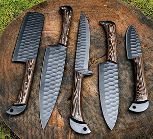 Custom Handmade Chef Knives Set / Kitchen Knives Set / 5Pcs Chef Set / Black Coated Blades Chef Knives Set / BBQ Knives Set / Best gift item / Mother Day Gift / Professional Chef For Gift
