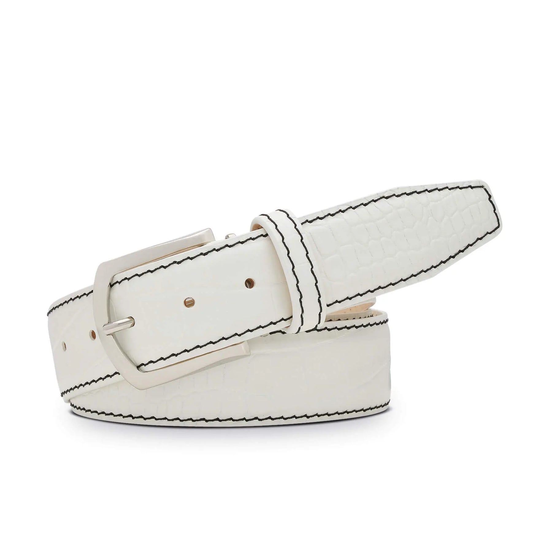White Mock Croc Leather Belt by Roger Ximenez: Bespoke Belts and Leather Accessories, handmade leather goods detail photo 4