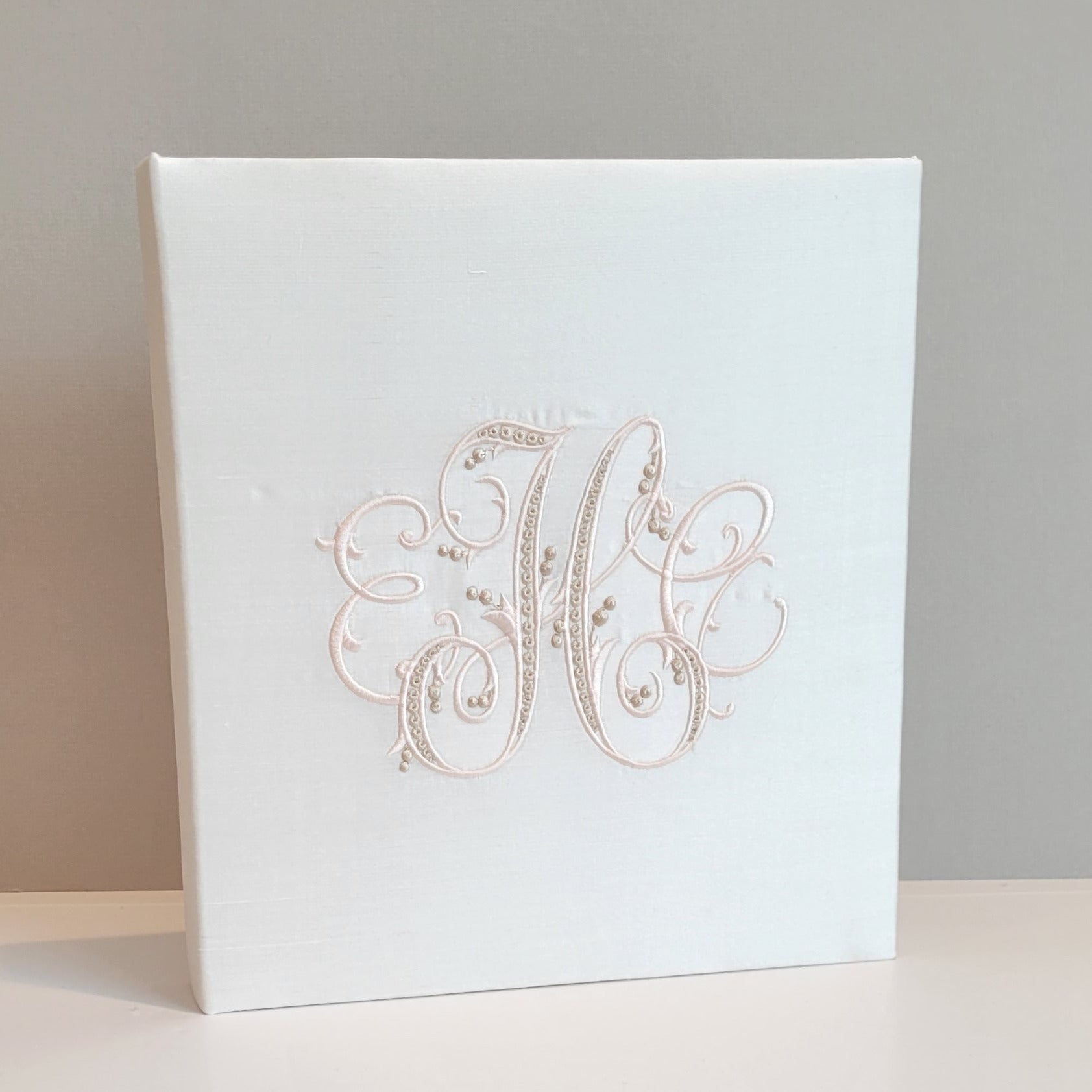White silk handmade baby memory book without bow by AP Creations