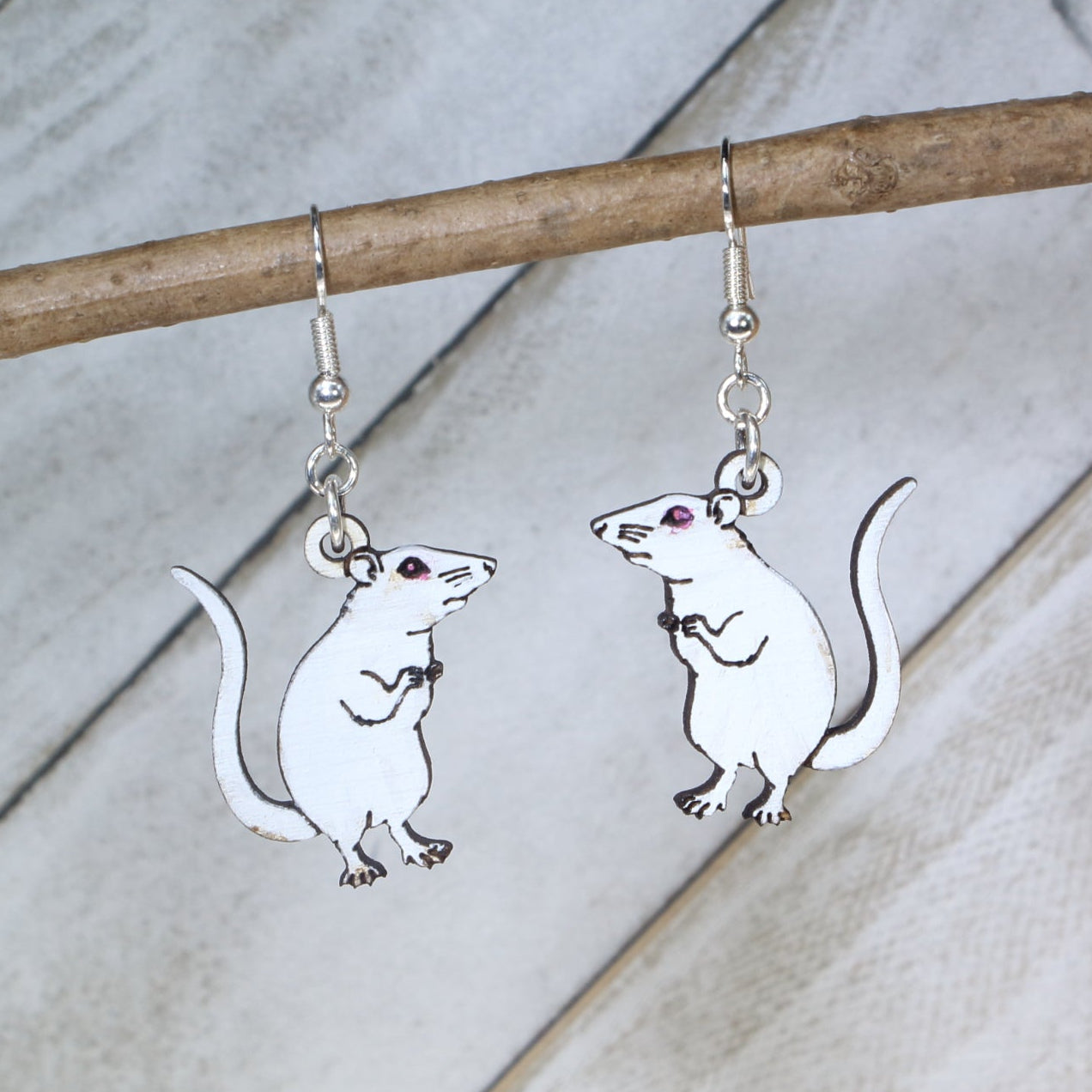 White Rat Wooden Dangle Earrings | Pet Rodent Animal Jewelry detail view by Cate's Concepts, LLC