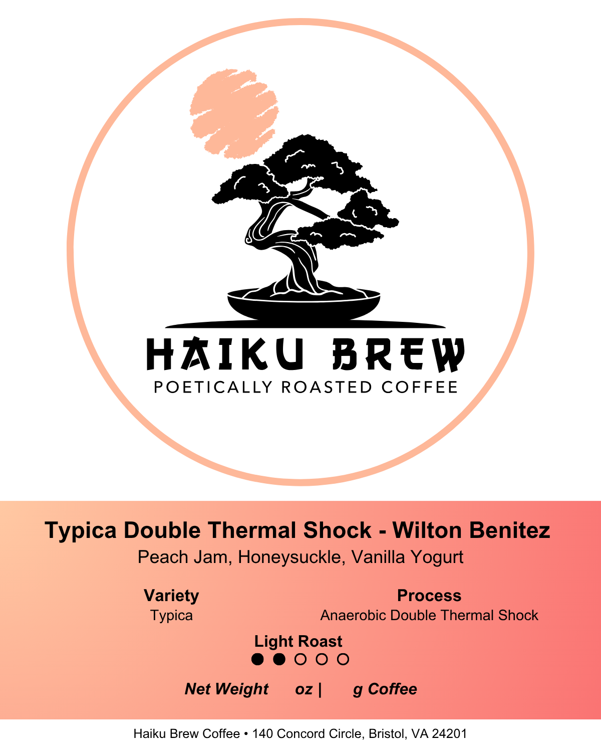 Typica Double Thermal Shock coffee with peach jam, honeysuckle, and vanilla yogurt notes