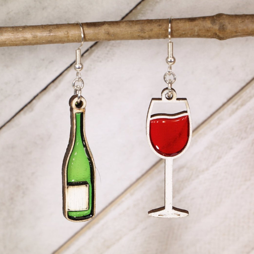 Wine Bottle and Glass Wooden Resin Dangle Earrings | Wine Lover Jewelry