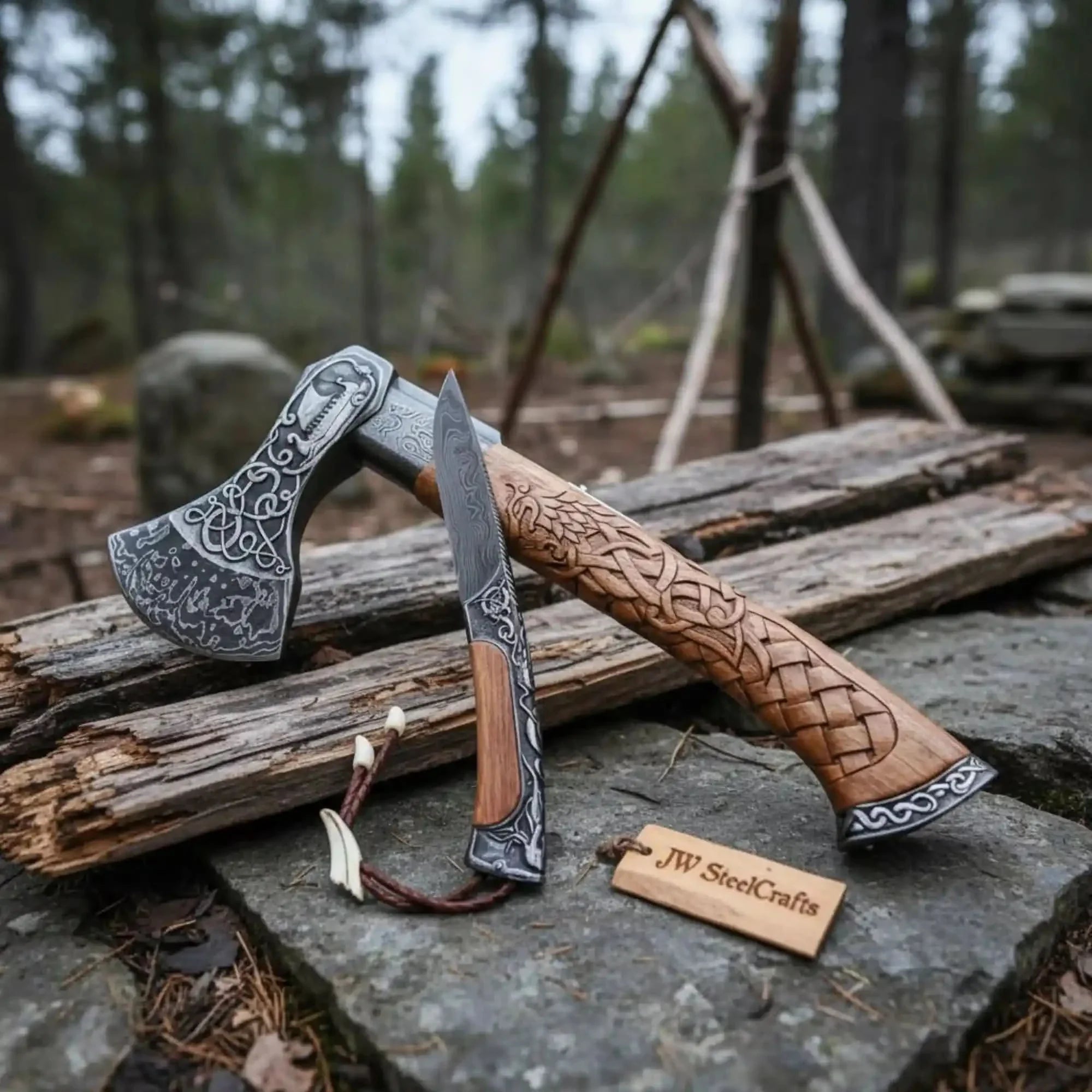 Hand Engraved Damascus Viking Axe with Carved Hardwood Handle and Matching Damascus Knife | Norse Collector Axe Set | JW SteelCrafts by JW SteelCrafts, Damascus knife main