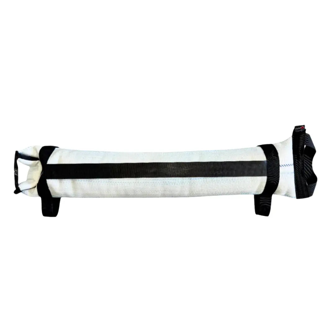 White and black recycled fire hose battle bag with handles
