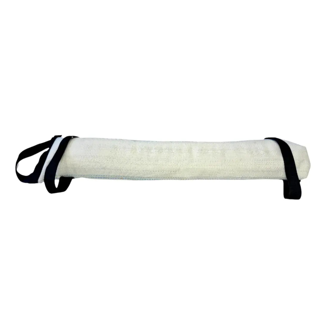 White workout battle bag with black handles, made from recycled fire hose.