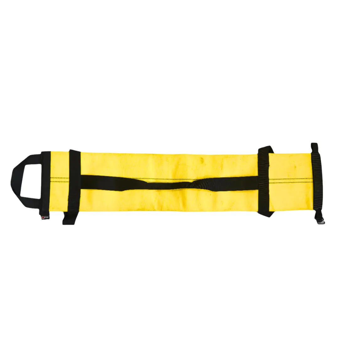 Yellow workout battle bag made from recycled firefighter hose with black straps and handles.