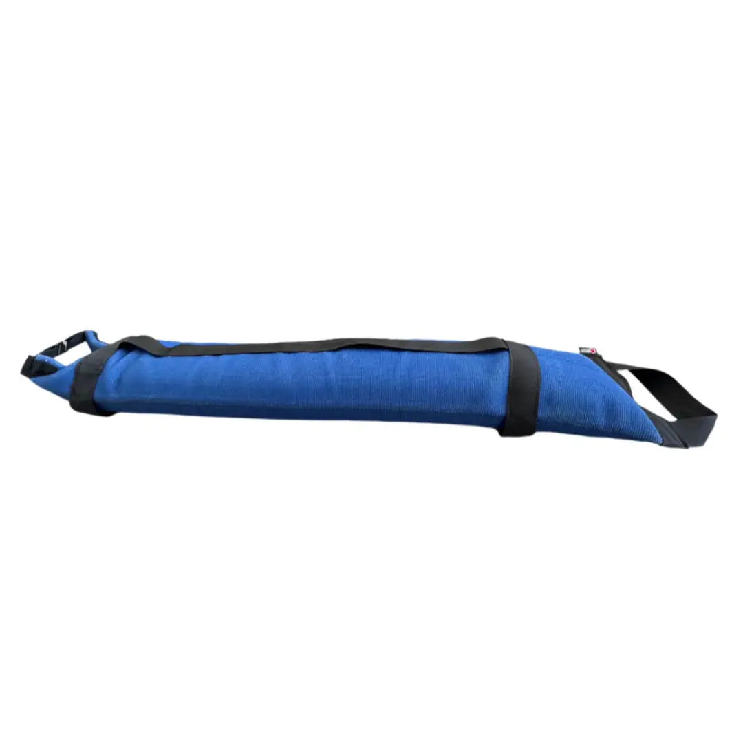 Blue workout battle bag made from recycled fire hose with black straps.