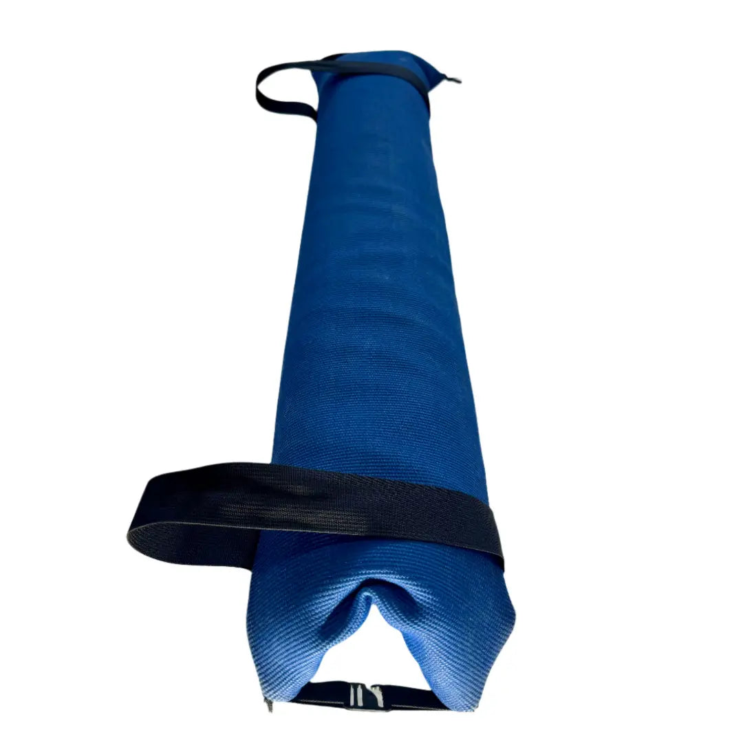 Blue workout bag with black straps and buckle detail.