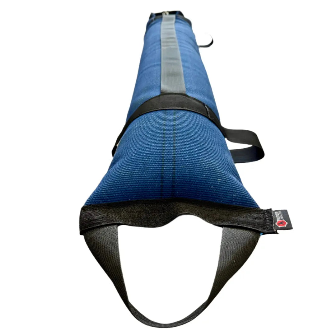 Blue workout battle bag made from recycled fire hose with black handles.