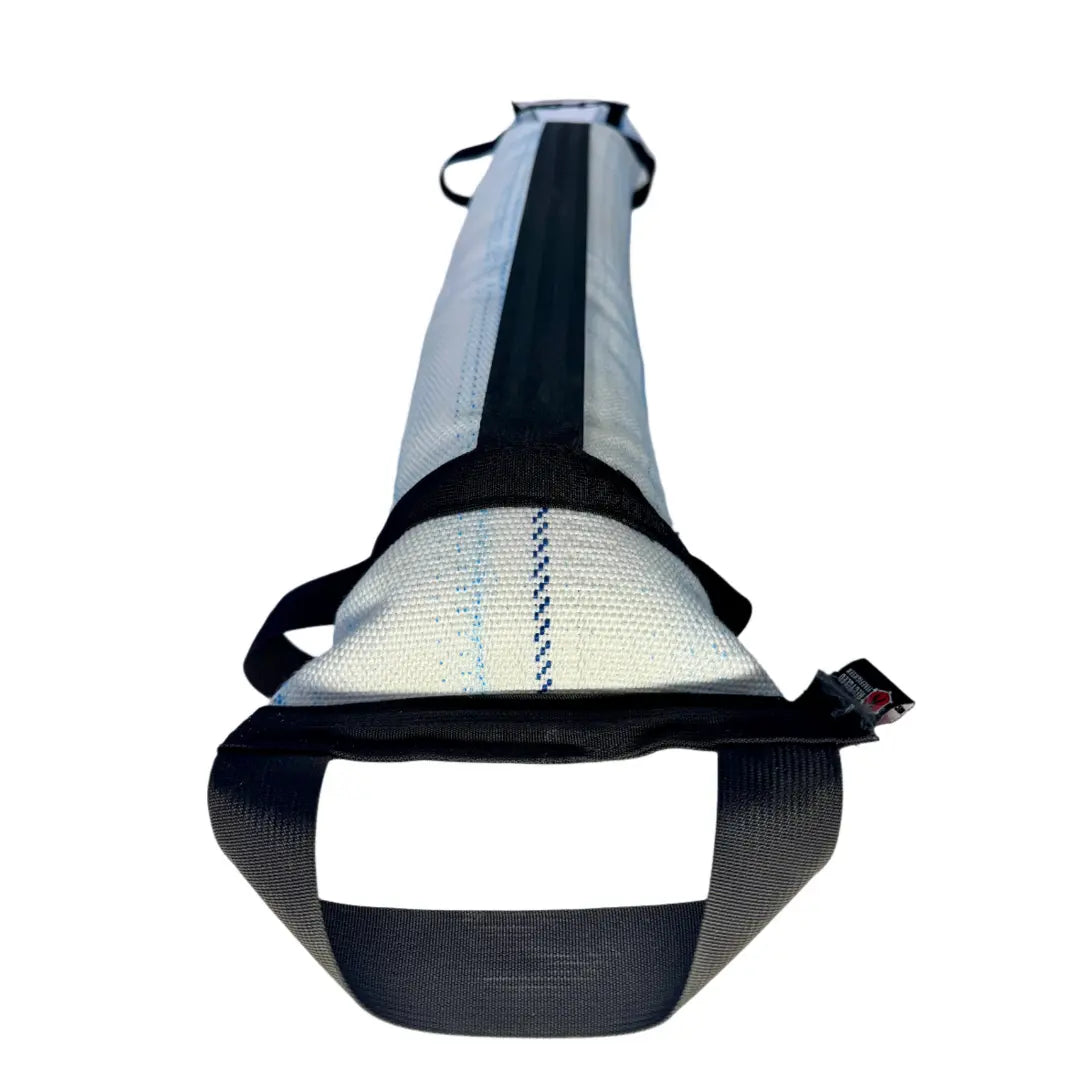 White and blue recycled fire hose battle bag with black straps