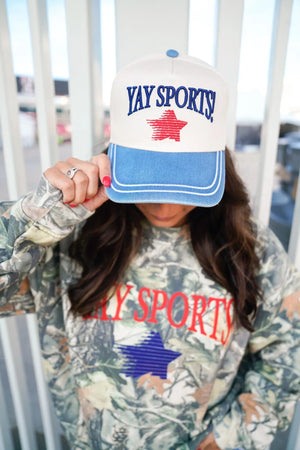 Yay Sports! - Denim Vintage Trucker Hat by KenzKustomz, Southern lifestyle apparel main product photo