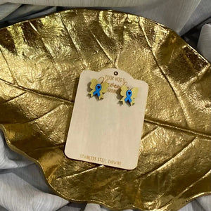 Yellow and Blue Ribbon Bow Stud Earrings by Poor Hog Customs, handmade jewelry main product photo