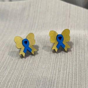 Yellow and Blue Ribbon Bow Stud Earrings by Poor Hog Customs, handmade jewelry detail photo 2