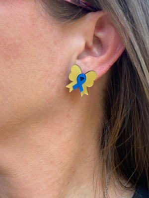 Yellow and Blue Ribbon Bow Stud Earrings by Poor Hog Customs, handmade jewelry detail photo 4
