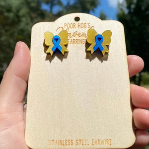 Yellow and Blue Ribbon Bow Stud Earrings by Poor Hog Customs, handmade jewelry detail photo 5