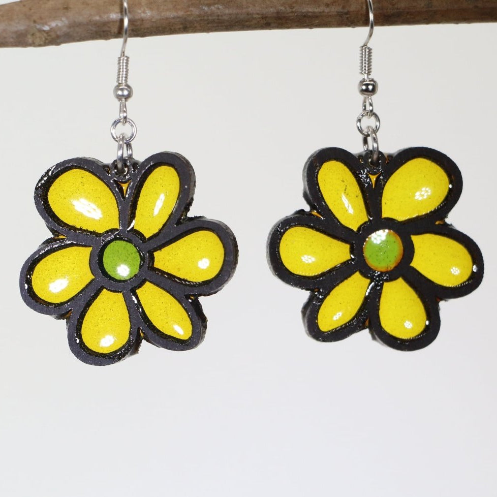Yellow Daisy Wood Resin Earrings | Floral Retro Flower Jewelry