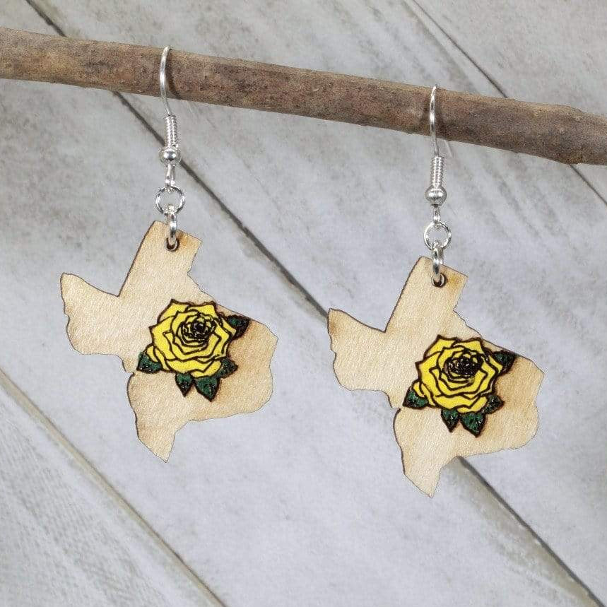 Yellow Rose of Texas Wooden Earrings | State Flower Jewelry by Cate's Concepts, LLC, handmade jewelry main product photo