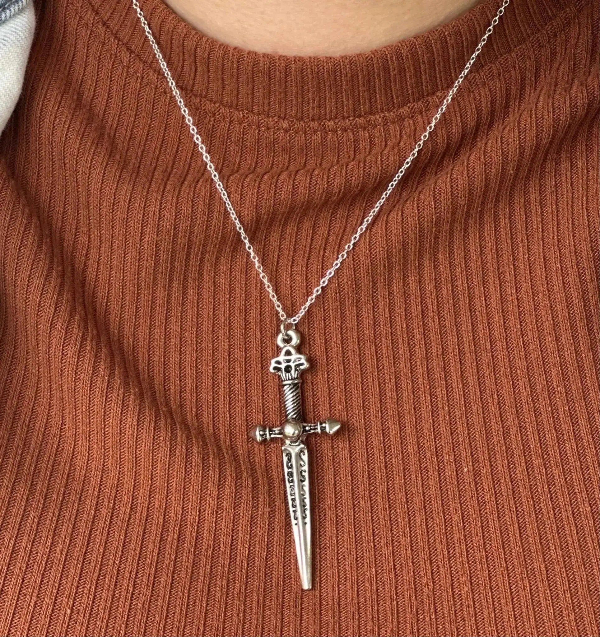 Fantasy Sword Necklace - You Shall Not Yield Pendant - Handmade Silver Dagger Jewelry
