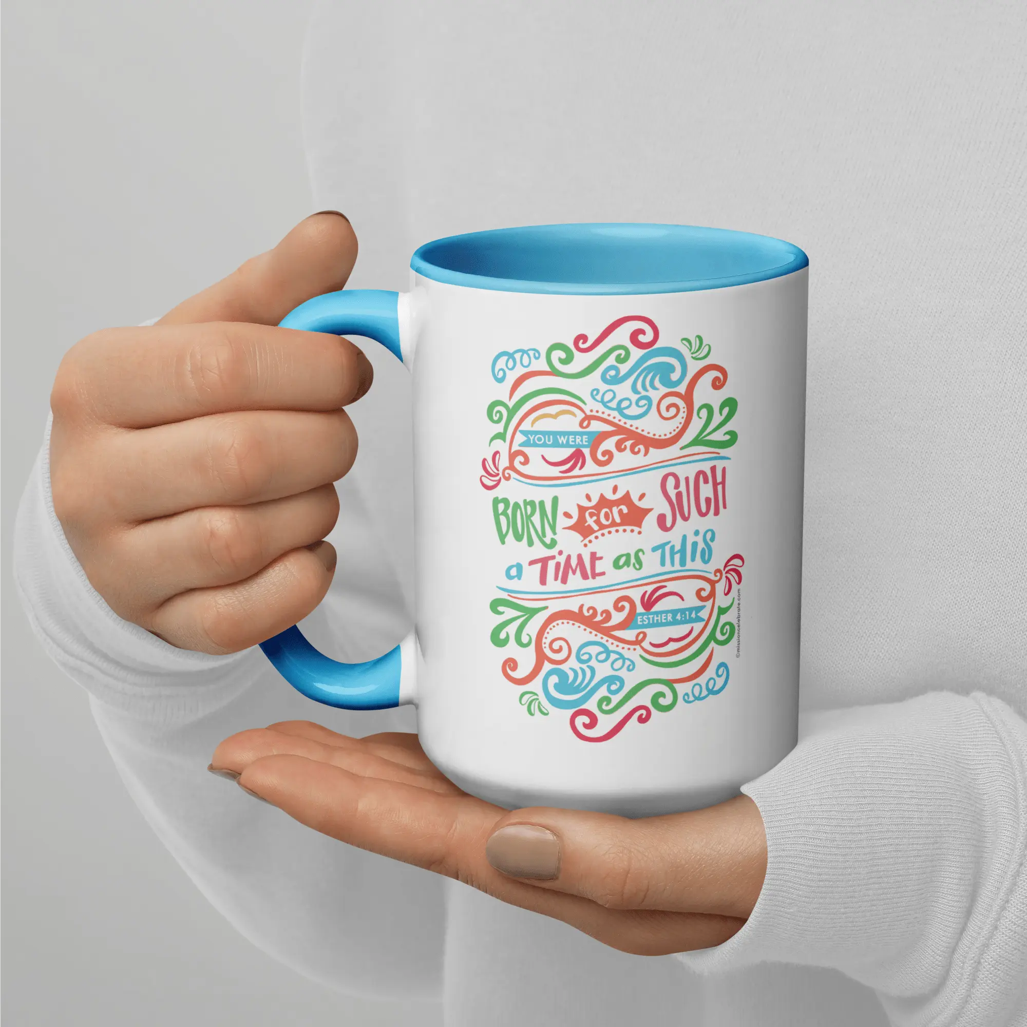 Esther 4:14 "Born for Such a Time" Ceramic Mug - Blue Accent Rim Handle Inside - Inspirational Christian Gift, Main Street Collective