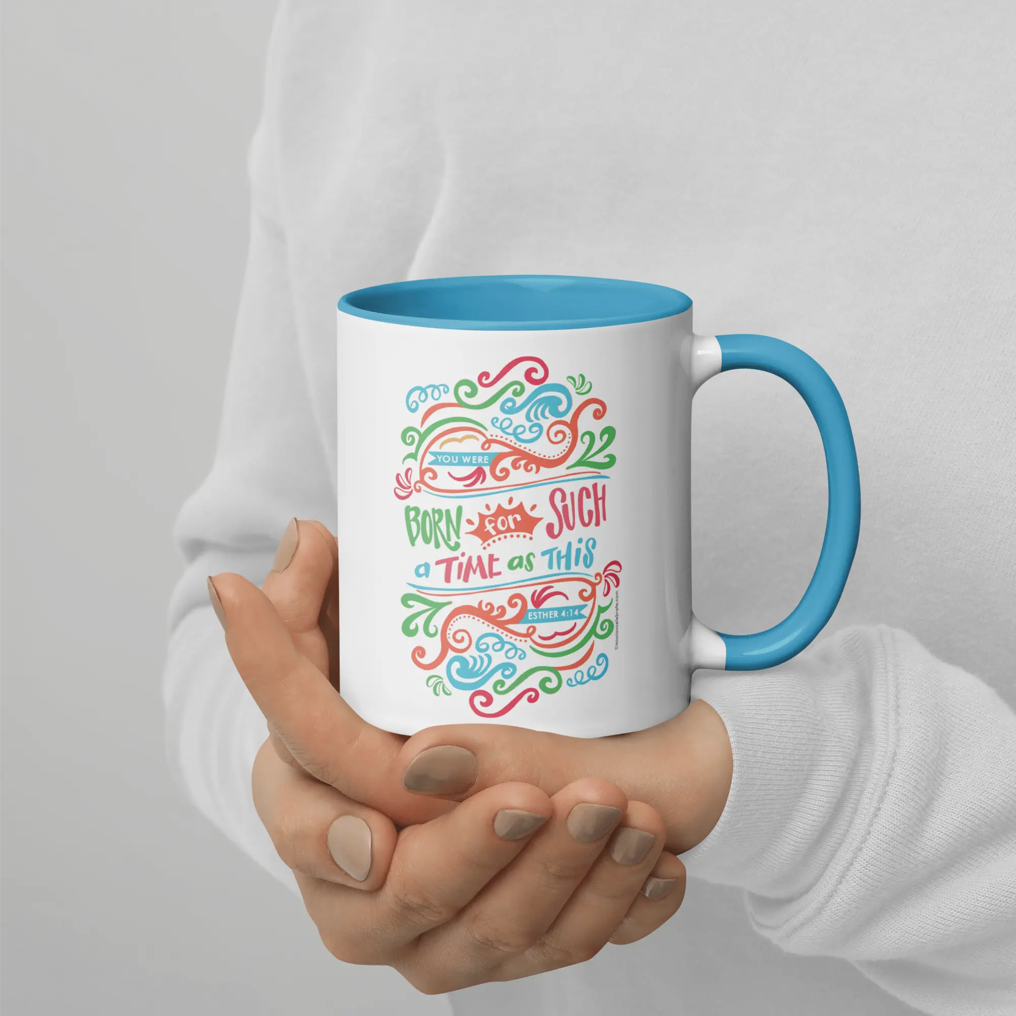 Inspirational Mug - "Born for Such a Time as This" Esther 4:14 - Blue Handle - Ceramic Cup