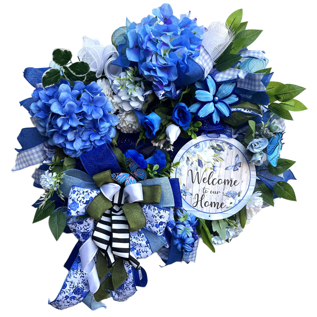 Blue Hydrangea Welcome Wreath | Front Door Decor by Bouge Creations, view 11