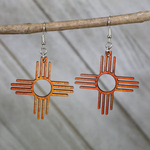 Zia Sun Symbol Wooden Dangle Earrings | New Mexico Jewelry detail view by Cate's Concepts, LLC