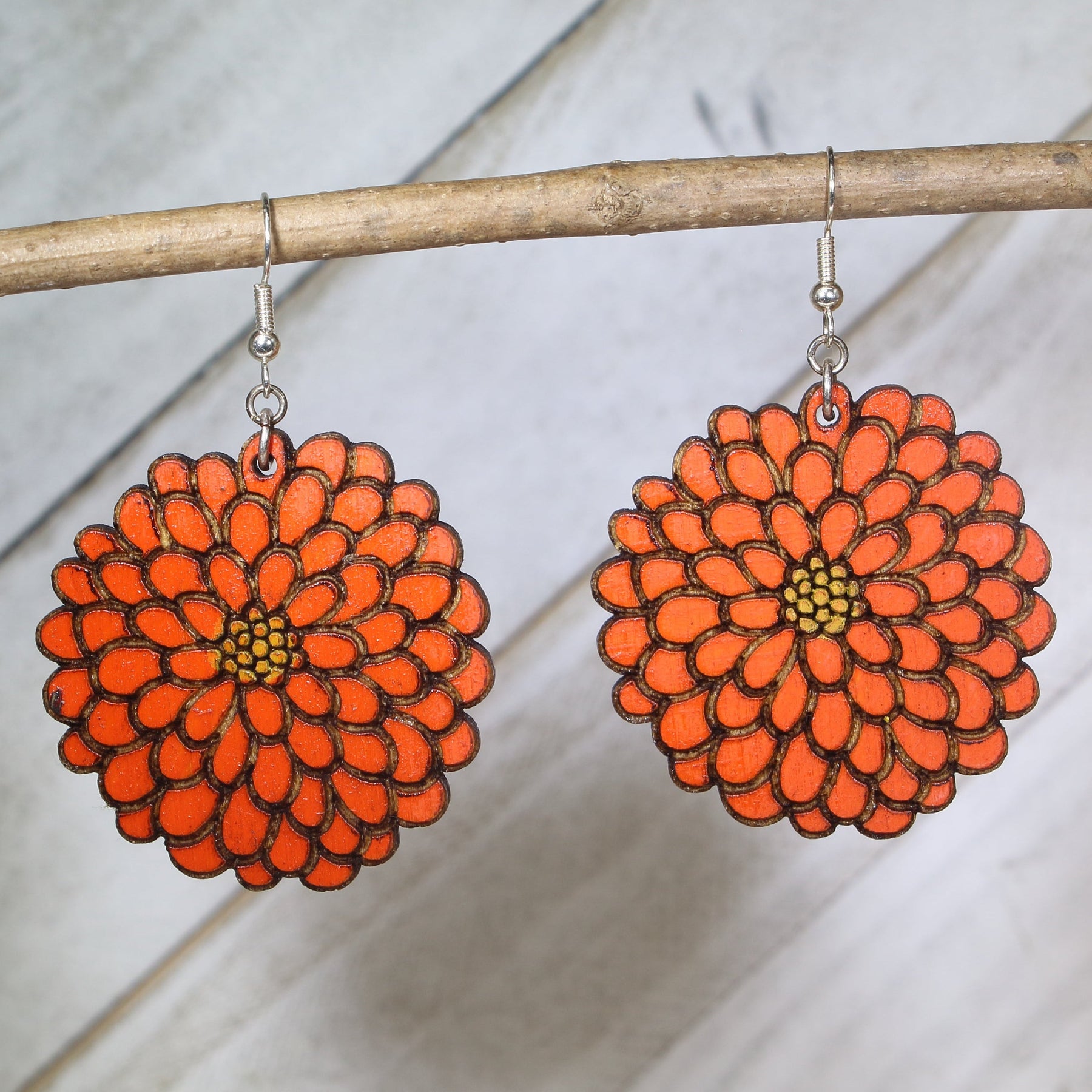 Zinnia Flower Wooden Earrings | Floral Garden Jewelry