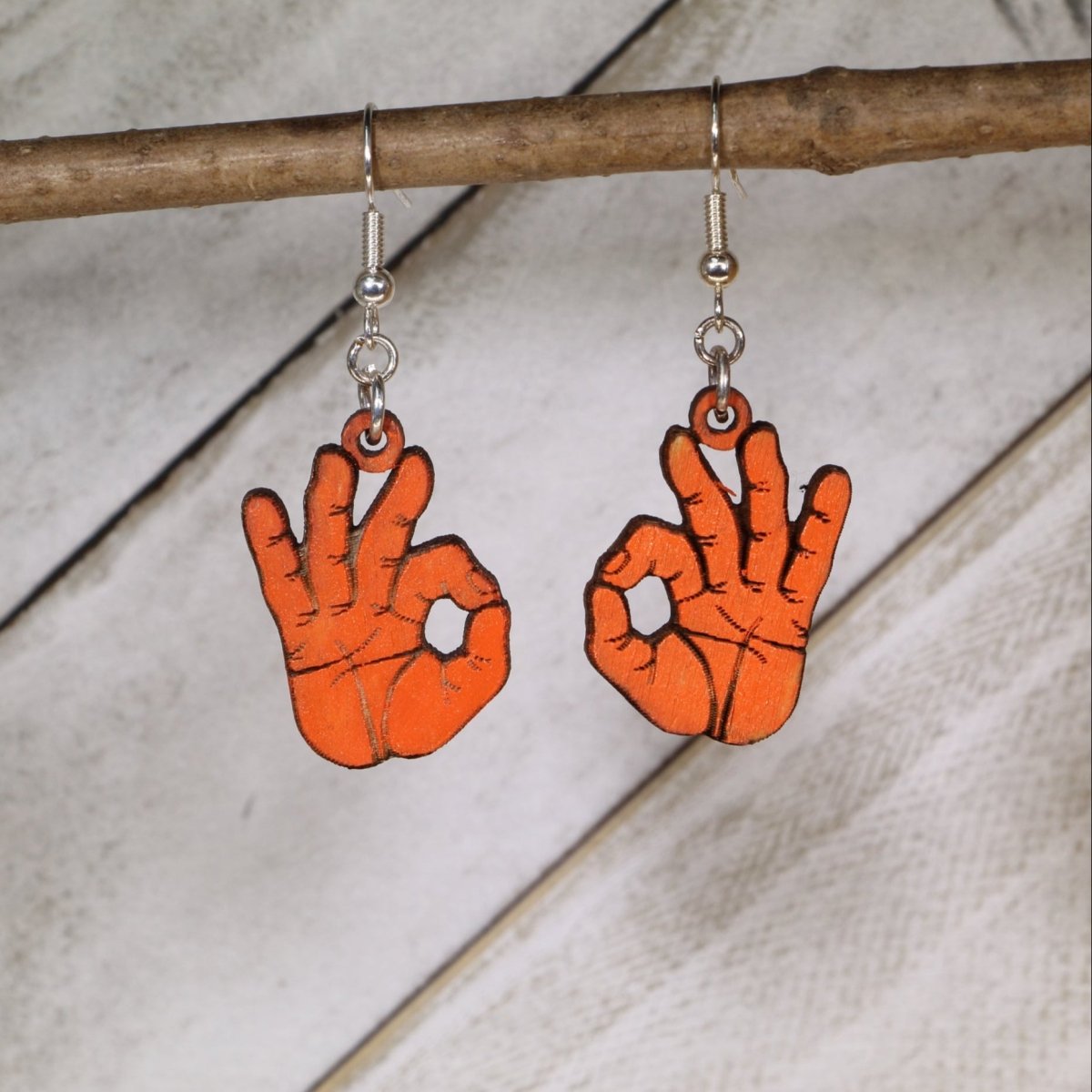 OK Hand Sign Wooden Earrings | Funny Gesture Jewelry