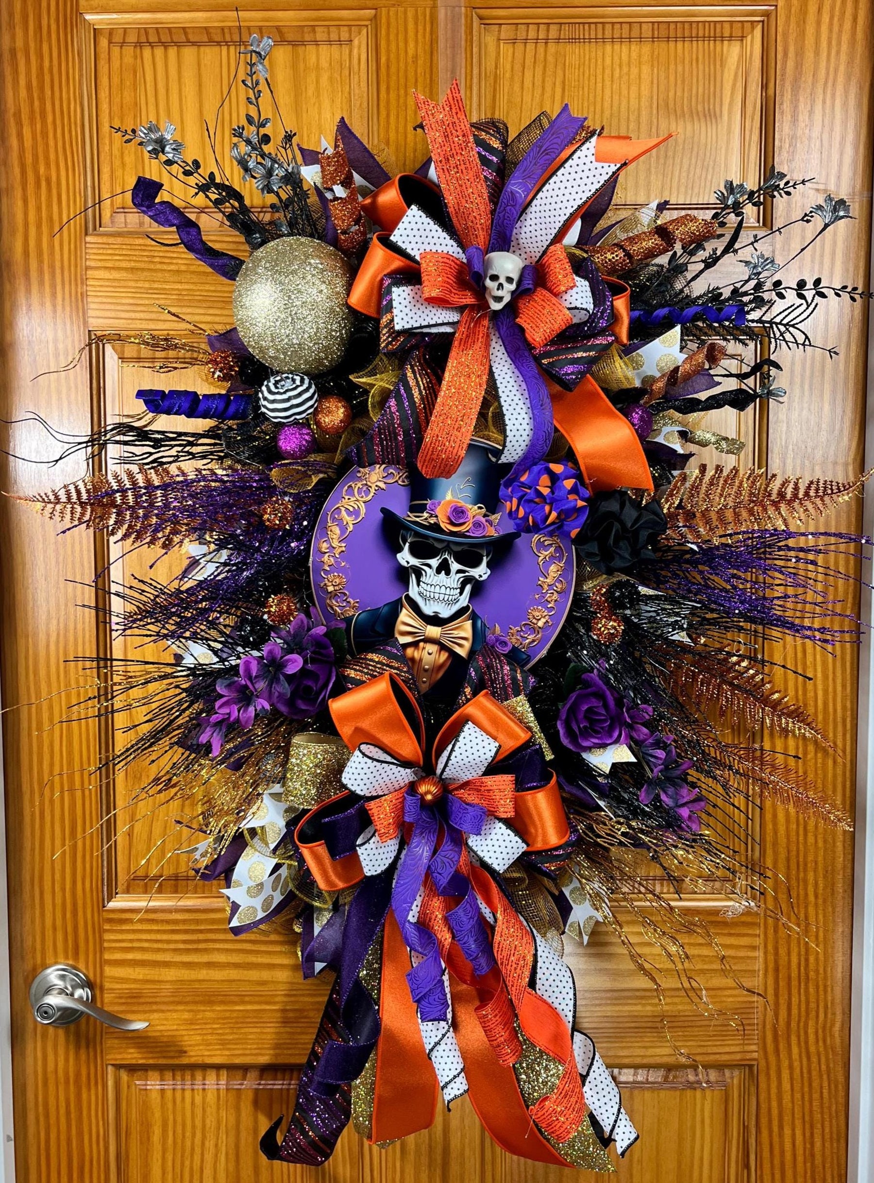Mr. Skelly Halloween Wreath | Orange, Black & Purple by Bouge Creations, view 3