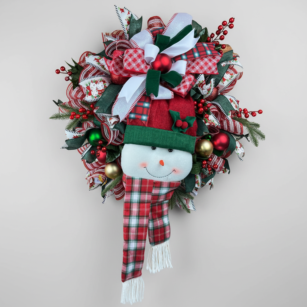 Snowman Christmas Wreath | Handmade Holiday Front Door Wreath | Traditional Red & Green Winter Door Hanger | Farmhouse Christmas Decor