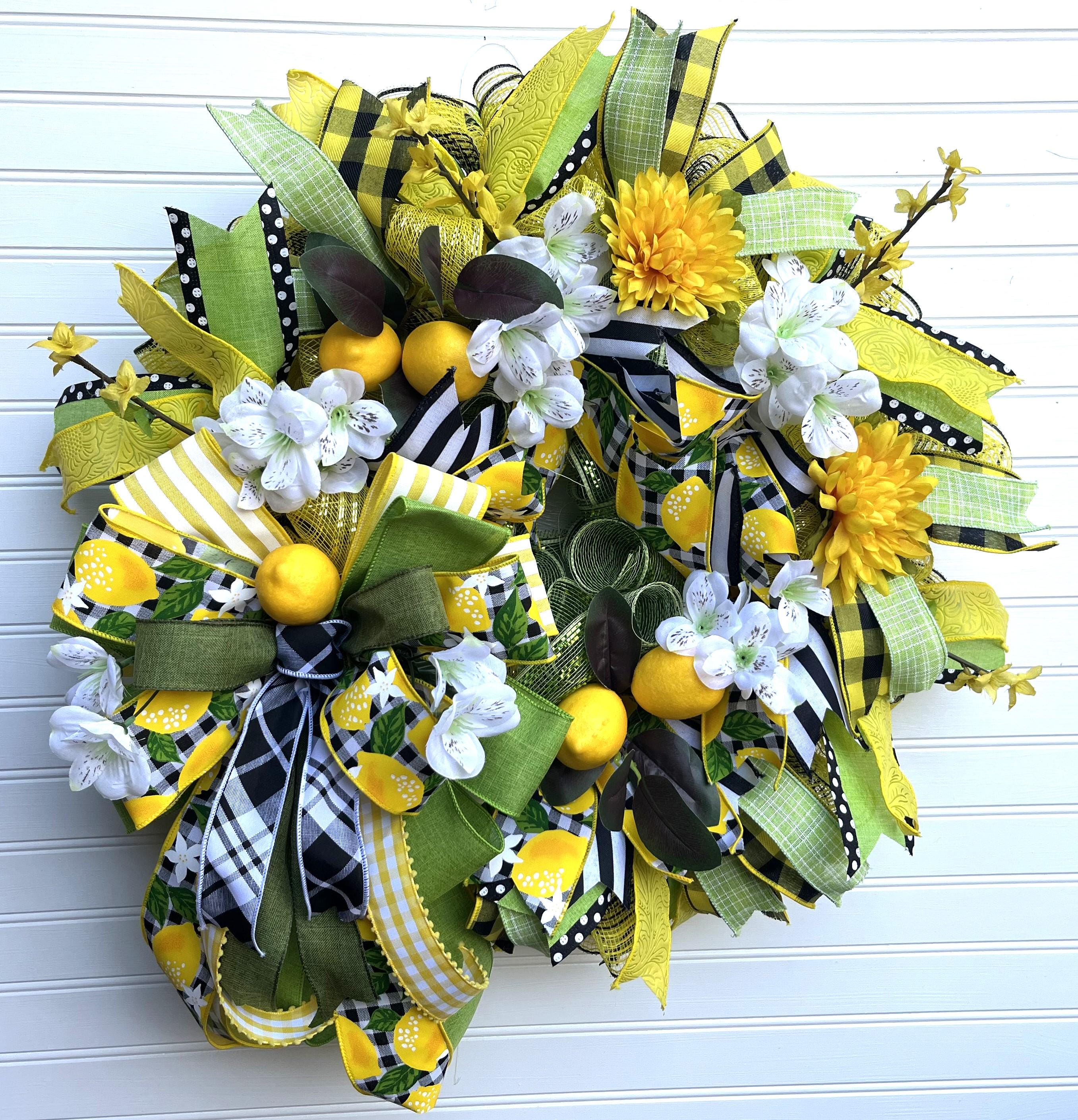 Lemon Front Door Wreath | Farmhouse Gingham Decor by Bouge Creations, view 2