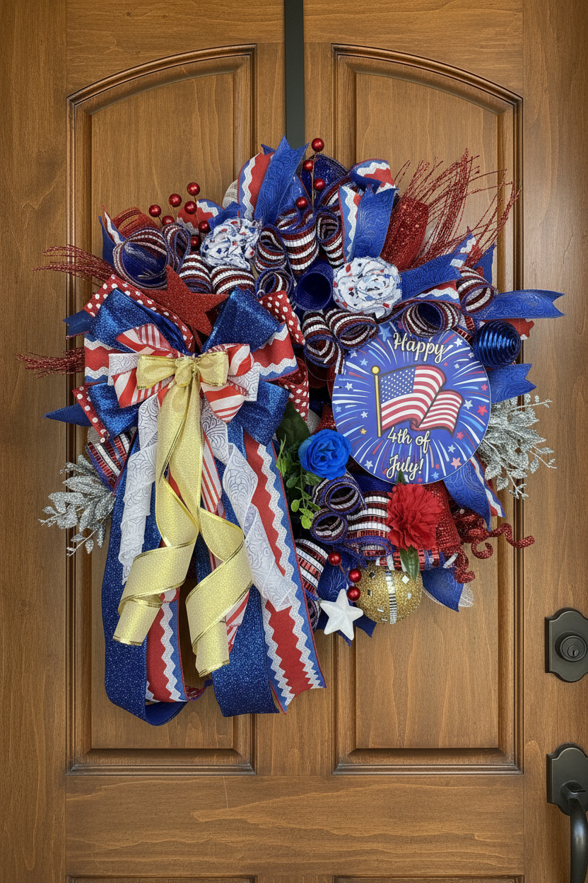 Patriotic Deco Mesh Front Door Wreath handmade by Bouge Creations in Mississippi