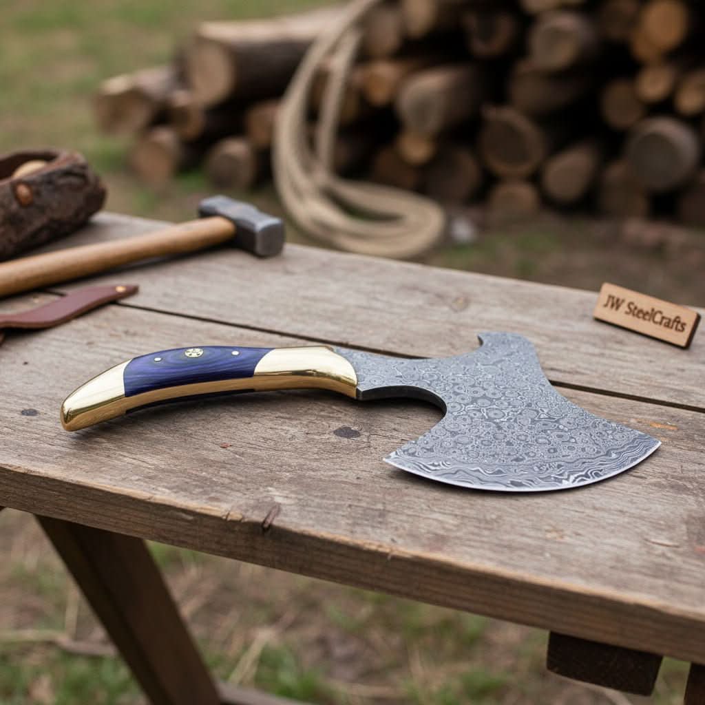 Damascus Steel Bushcraft Axe with Hardwood Handle & Leather Sheath by JW SteelCrafts, leather knife sheath main product photo