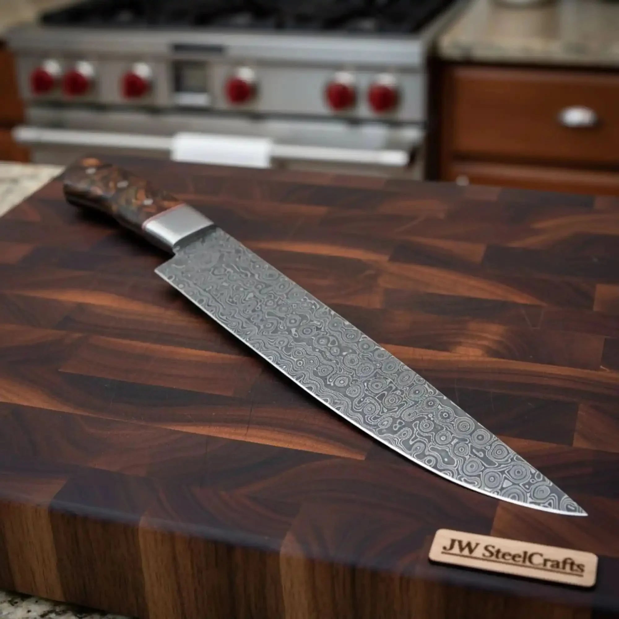 9 Inch Raindrop Damascus Chef Knife — Full Tang Forged Blade with Stabilized Wood Handle & Steel Bolster by JW SteelCrafts, Damascus knife main product photo