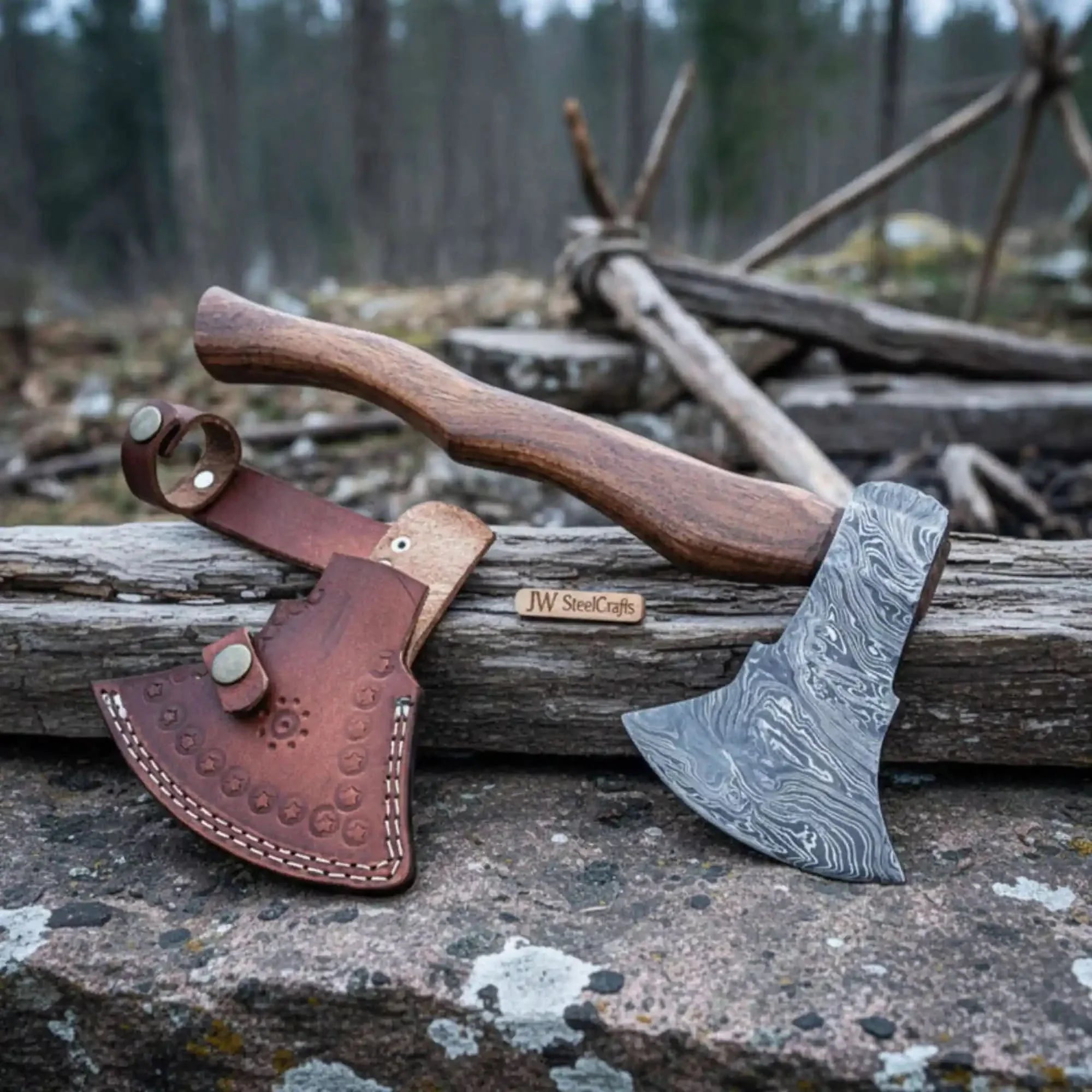 Handcrafted Damascus Utility Hatchet – Bearded Blade Style, Solid Wood Handle, Sheath Included by JW SteelCrafts, leather knife sheath main product photo