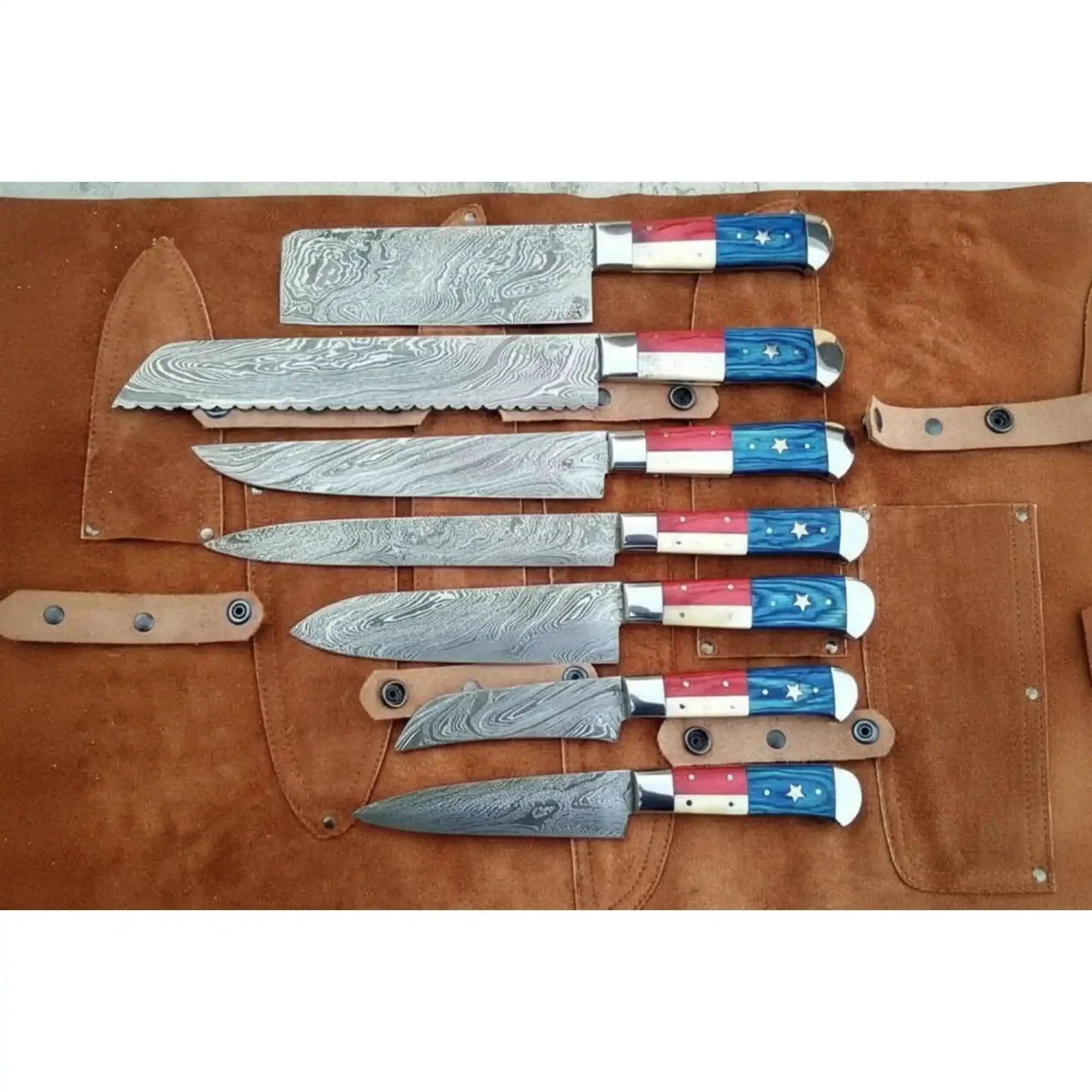 8-Piece Texas Flag Damascus Knife Set with Cleaver, Bread Knife & More, 8 to 13 Inch Blades | JW Steel Crafts by JW SteelCrafts, Damascus knife detail photo 2