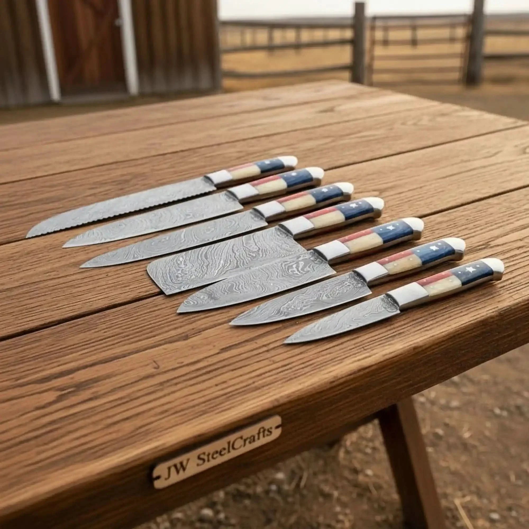 Handmade Damascus Mixed Chef Knife Set (Bread, Chef, Santoku & Utility) – Texas Flag Handles, Full Tang by JW SteelCrafts, Damascus knife main product photo