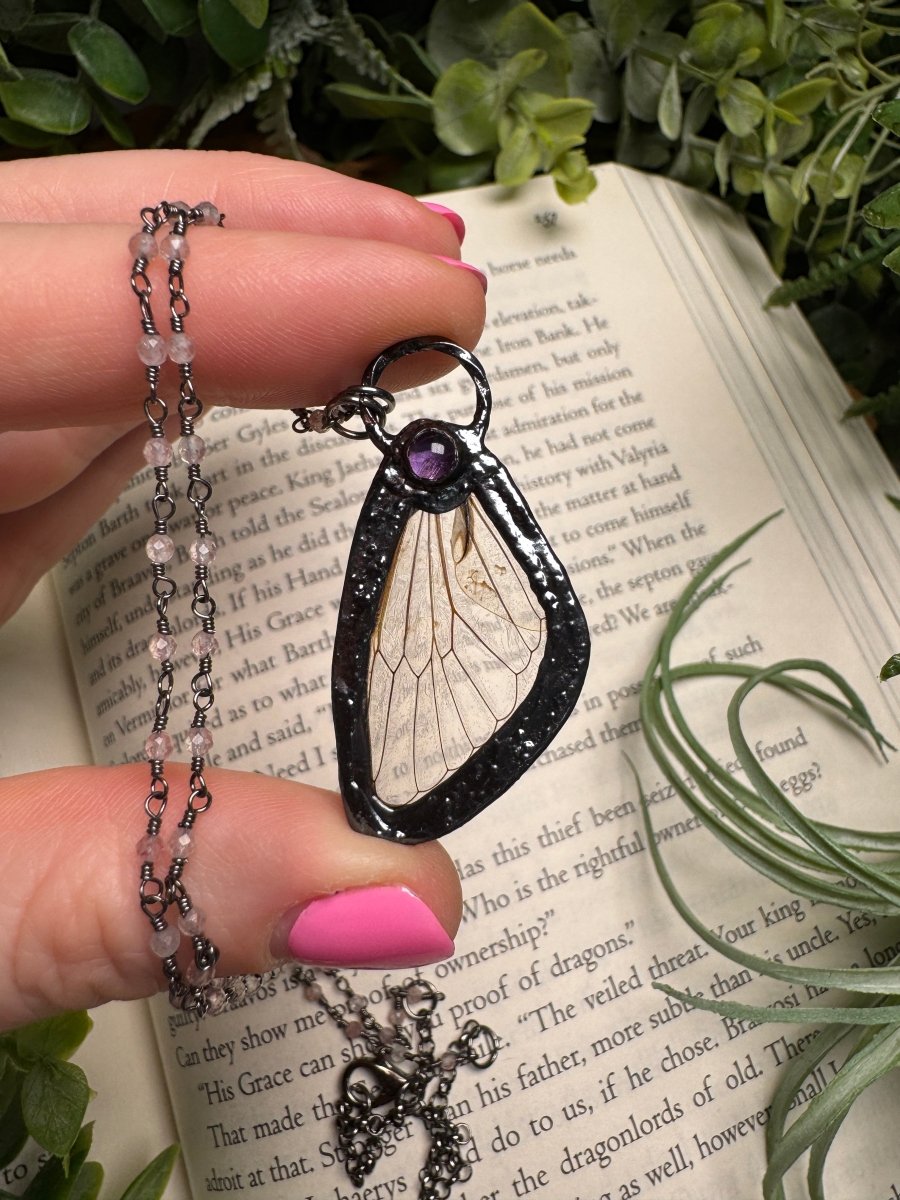 Amethyst and Cicada Wing Necklace with Strawberry Quartz Beaded Chain